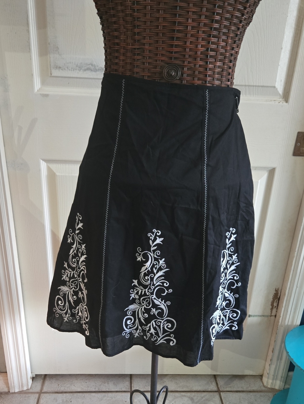 George Black Skirt with White Scroll Embroidery-Size 10